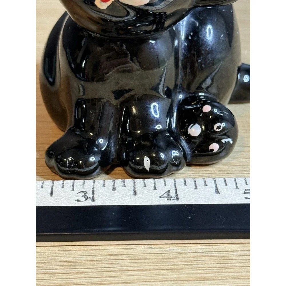 Vtg Redware Black Cat Figurine Candle Holder Kitschy Japan MCM Big Eye Halloween
